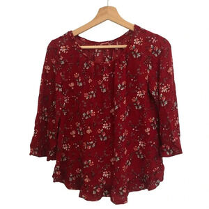 Gap Floral Lightweight Viscose Ruffled 3/4 Sleeves Blouse Top Size M Crimson Red